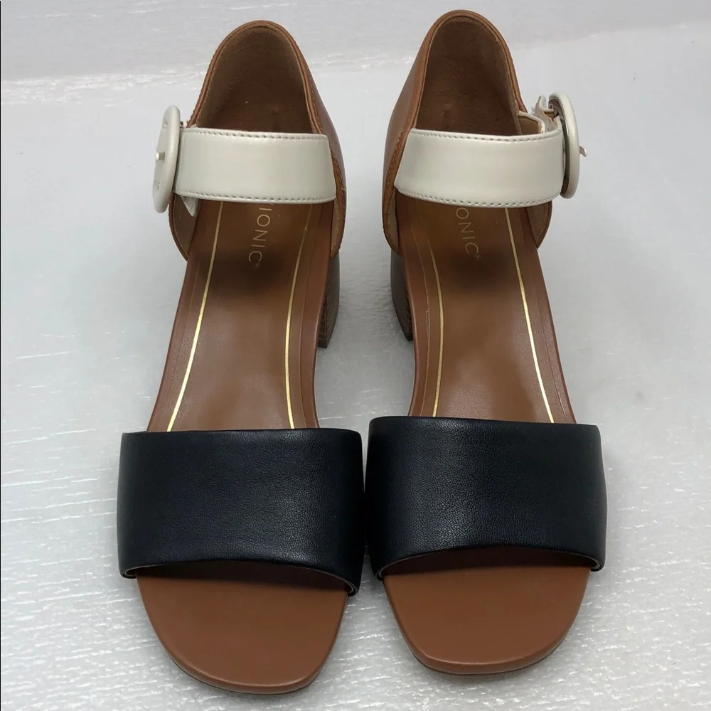 NEW Vionic Heels Chardonnay Tan Black Cream Leather Block Heel Adjustable Strap - Picture 7 of 13